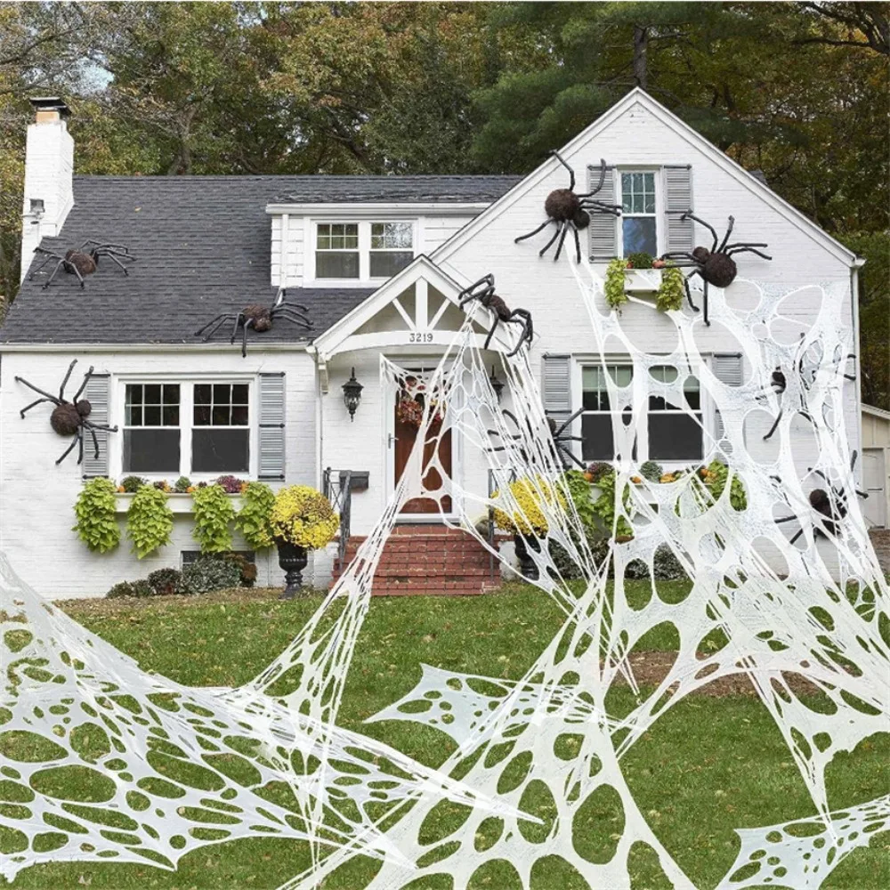 DIY Pre-Cut Spider Web Artificial Halloween Decorations Gauze Spiderwebs Cobwebs with Ground Stakes Super Stretchy