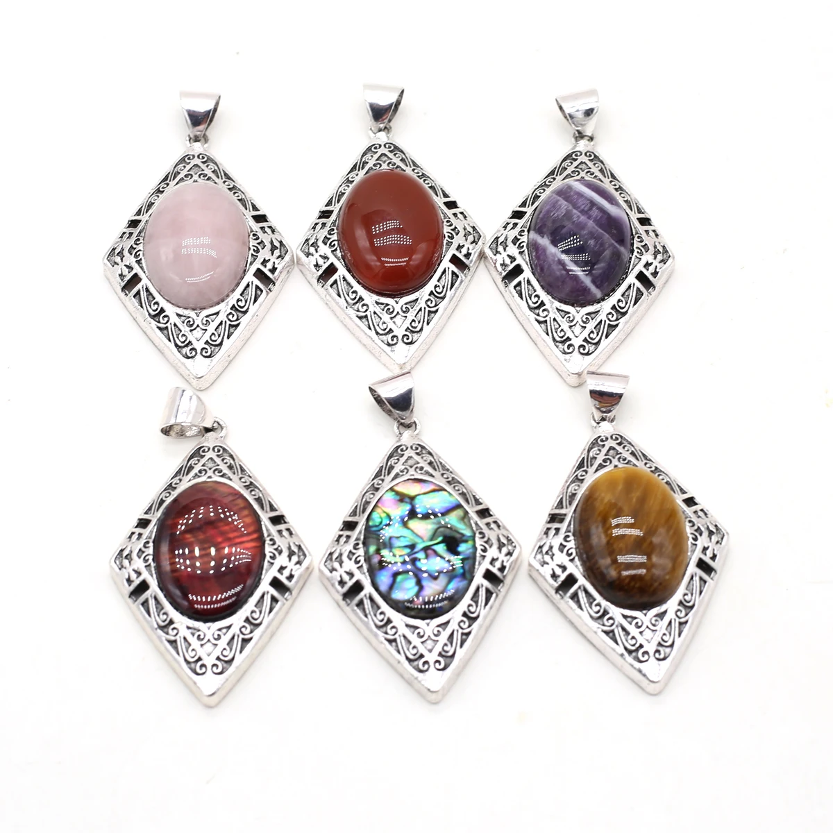 Hot Sale Natural Abalone Shell Pendant Alloy Rhombus Rose Pink Quartz Amethyst Charms for Jewelry Making DIY Necklace Party Gift