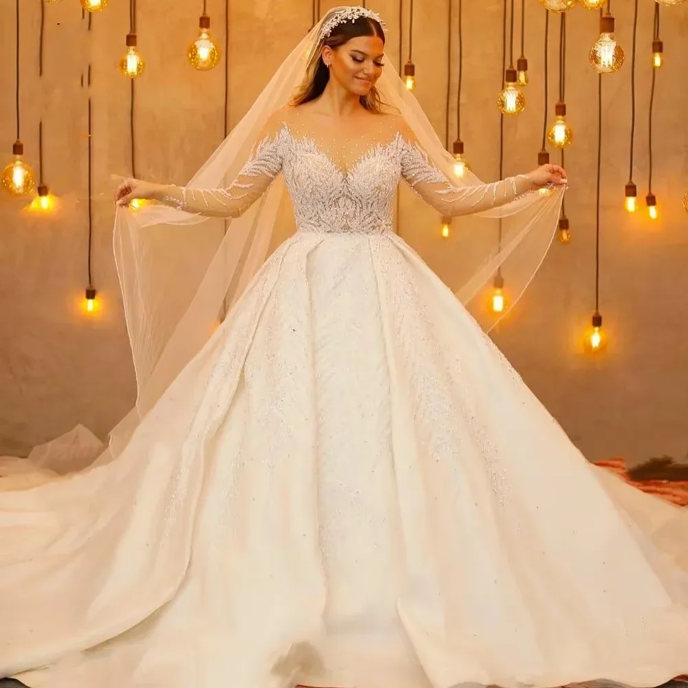 Flavinke Customized Long Sleeve Wedding Dresses Sweetheart Beaded Backless A-Line Princess Bride Gown Plus Size Vestido de Noiva