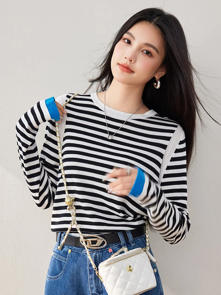 Stripe Knitted Sweater Women 2024 Autumn Winter Loose Casual Pullovers Female Temperament Long-sleeved Round Neck Tops