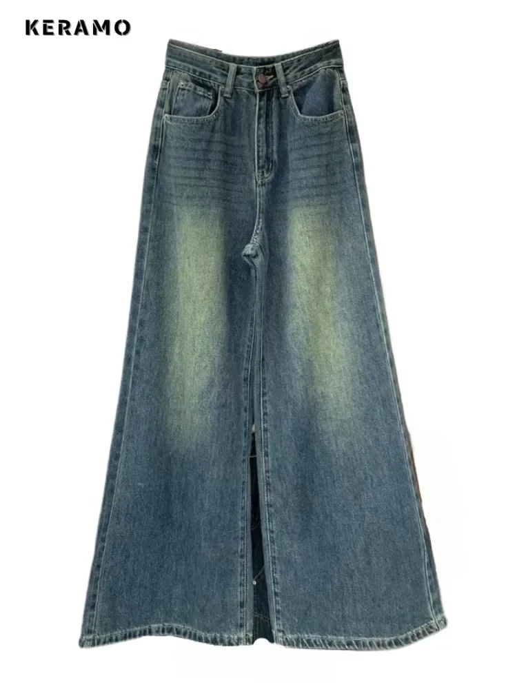 American Vintage High Waist Washed Emo Jeans Women's Wide Leg Casual 2000s Pants Baggy Y2K Grunge High Street Denim Trouser