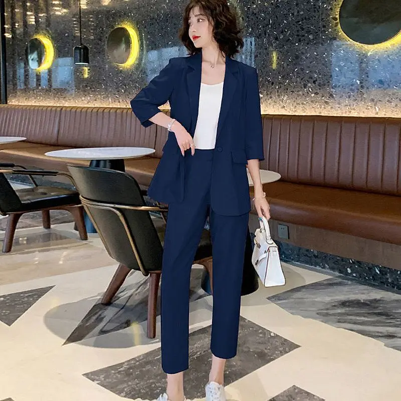 Korean Style Thin Jacket Blazer Casual Pencil Pants Two-piece Elegant Women's Pants Set Office Outfits Popular Clothing