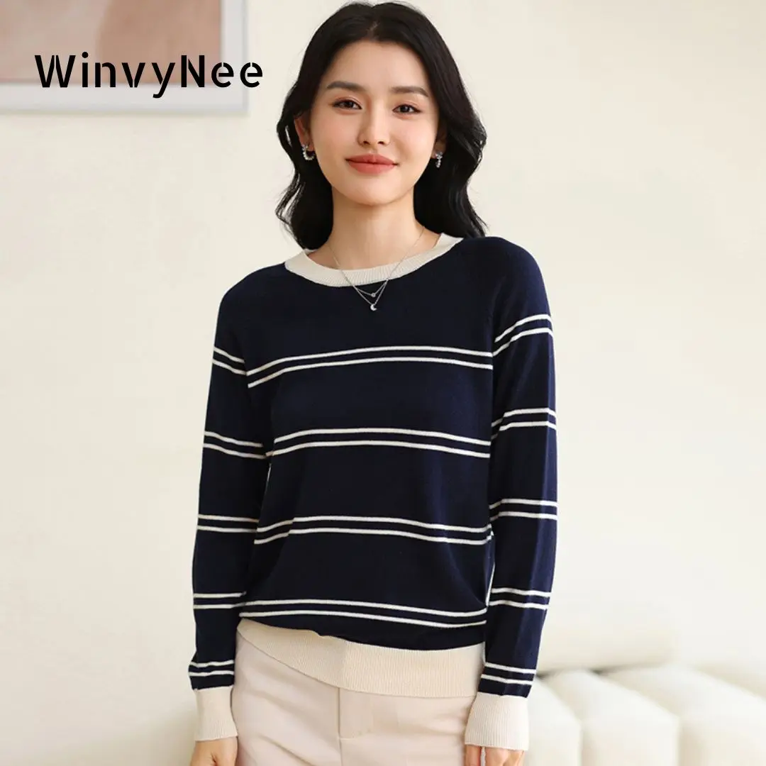 

WinvyNee, весенние женские свитера из 100% хлопка, футболка с круглым вырезом и длинными рукавами, полосатая повседневная верхняя одежда, вязаные пуловеры, топы A 1522003
