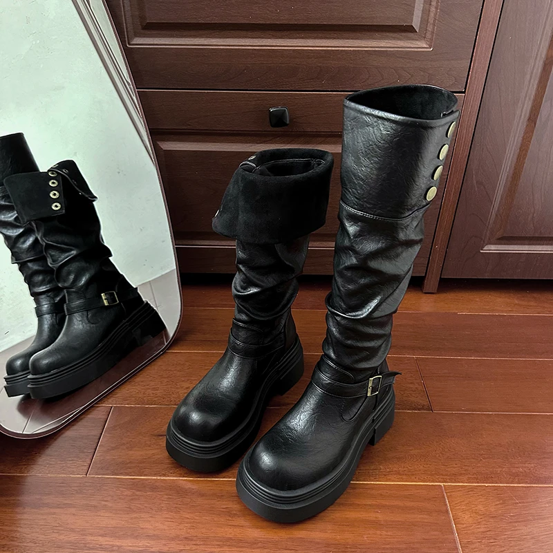 Autumn Winter Platform Thick Bottom Women Long Boots Fashion Slip On Shoes Vintage Ladies Knight Botas