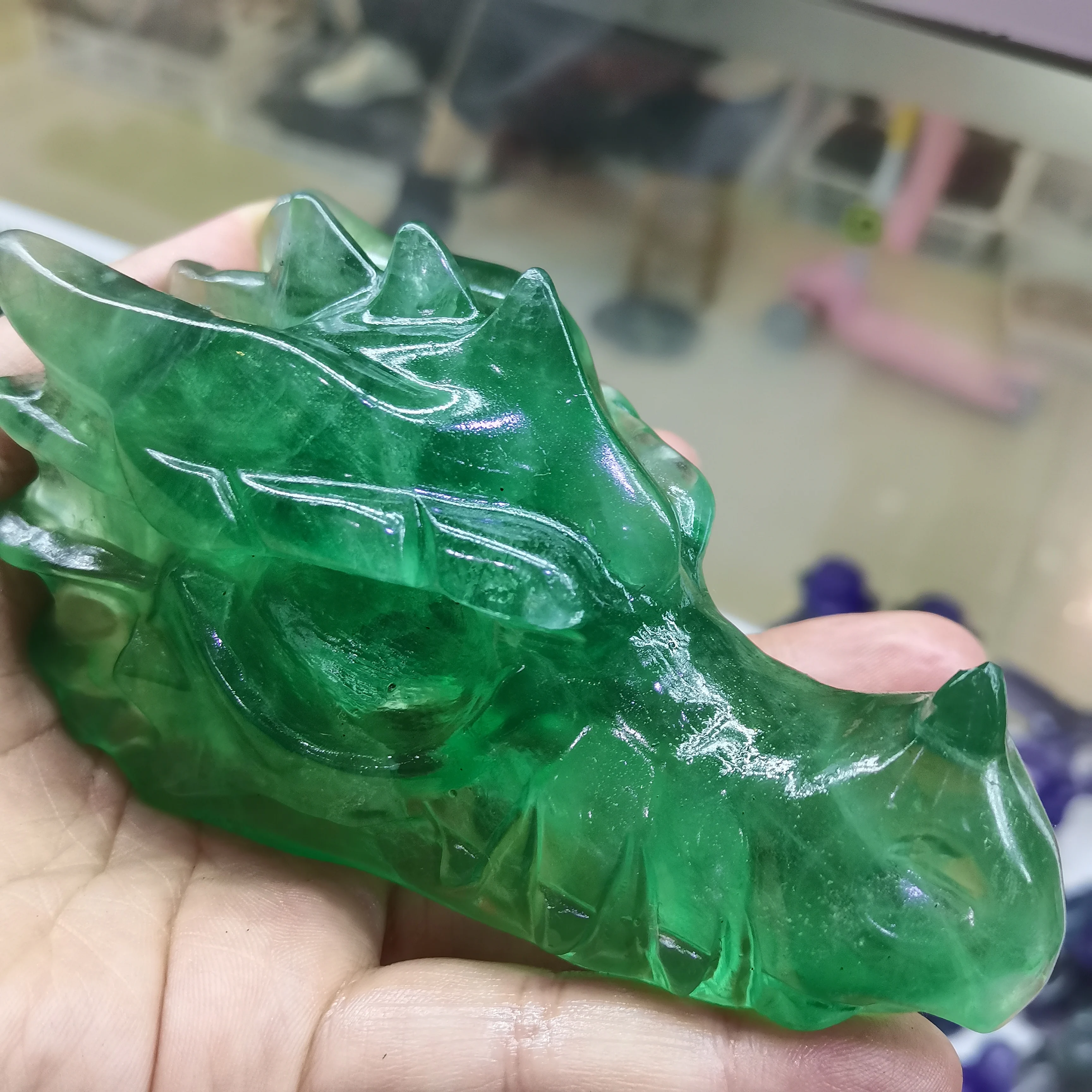 

130mm Dragon Head Statue Home Decoration Natural green fluorite Carved Animal Skull Figurine,Healing Crystal Office/Room Decor