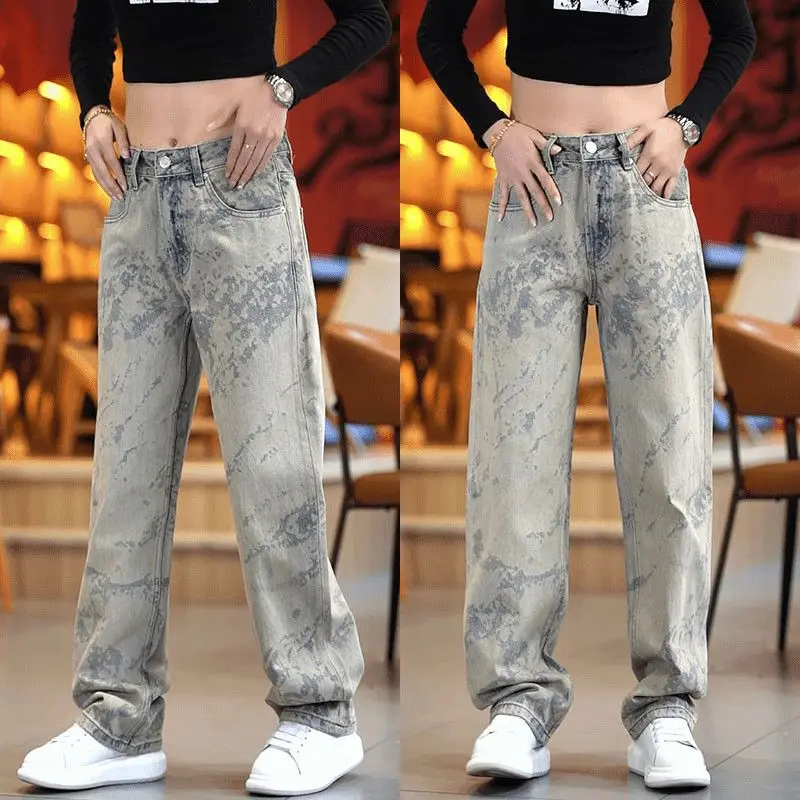 New 2025 American High Street Trendy Brand Laser Etched Loose Straight Leg Jeans for Men Casual Fashion Urban Wear Cotton Blend