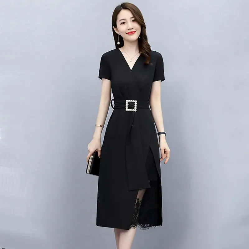 女性のための半袖ドレス新しいスタイル韓国スタイルスリムと年齢を軽減する気質ヒップパッキングスリットスカート