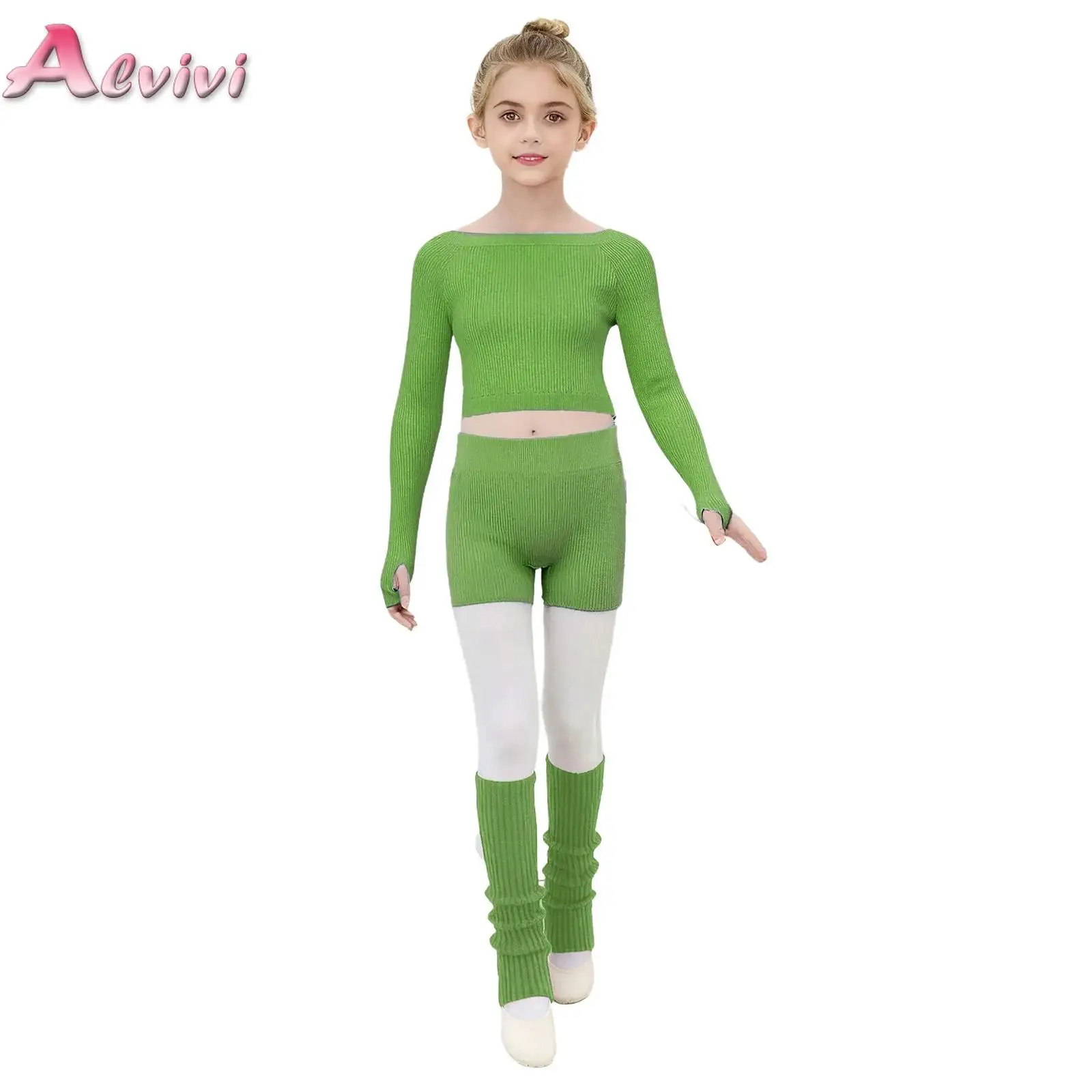

Kids Girls Top Combo With Booty Shorts Ballet Dance Gymnastics Wear Knitted Leg Warmer Long Sleeve Pull Over Sweater Winter Set