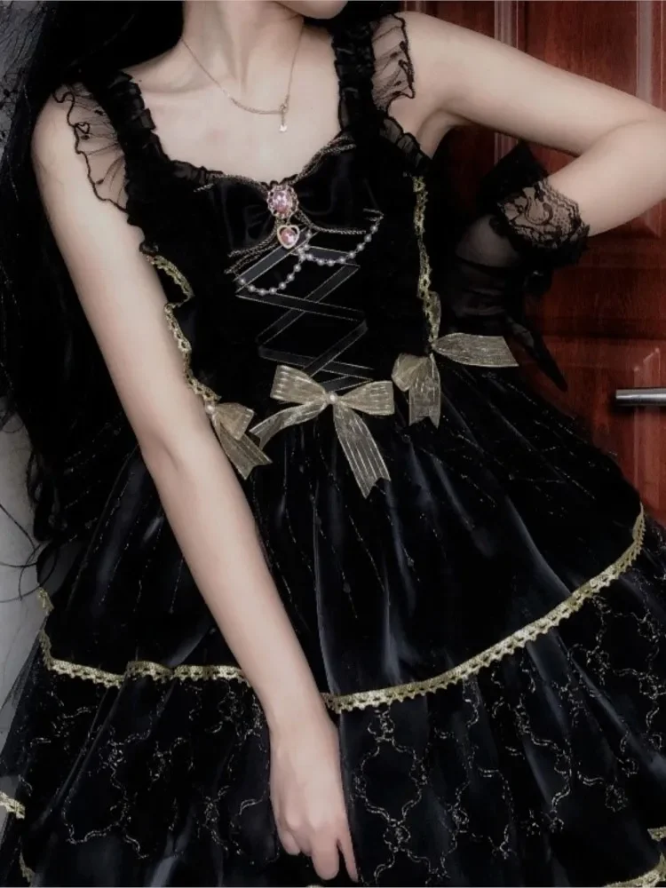 Hstar Summer Sweet Lolita Jsk Dress Women Elegant Lace Bow Ruffles Flowers Wedding Girly Love Poems Party Princess Slip Dress