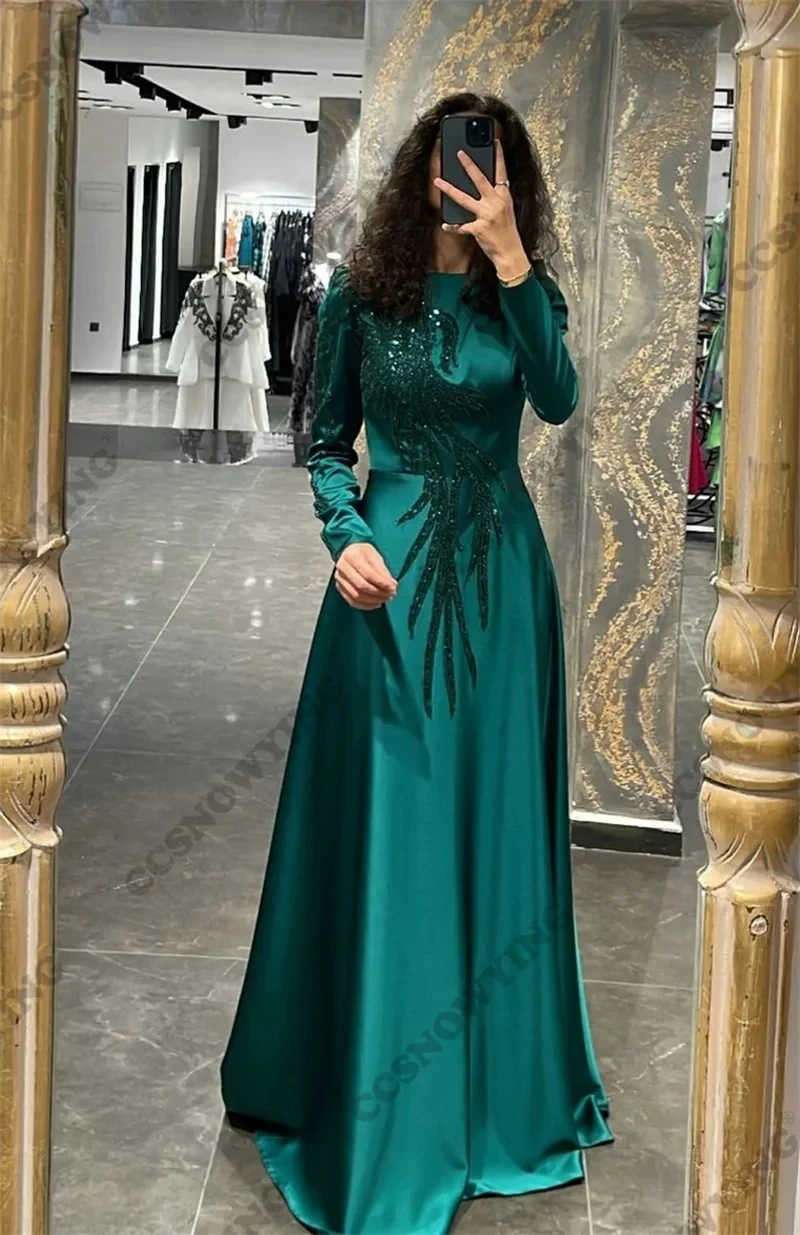 

Green Appliques Beaded Muslim Evening Dresses Islamic Satin Long Sleeve O Neck Hijab Formal Party Gown Women Robe De Soiree