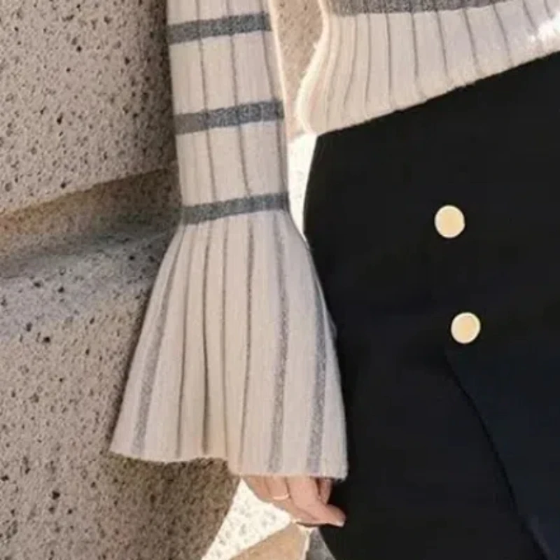 Jersey de manga larga a rayas para mujer, suéter informal elegante a la moda tejido para otoño e invierno, Tops de Color contrastante con cuello medio alto