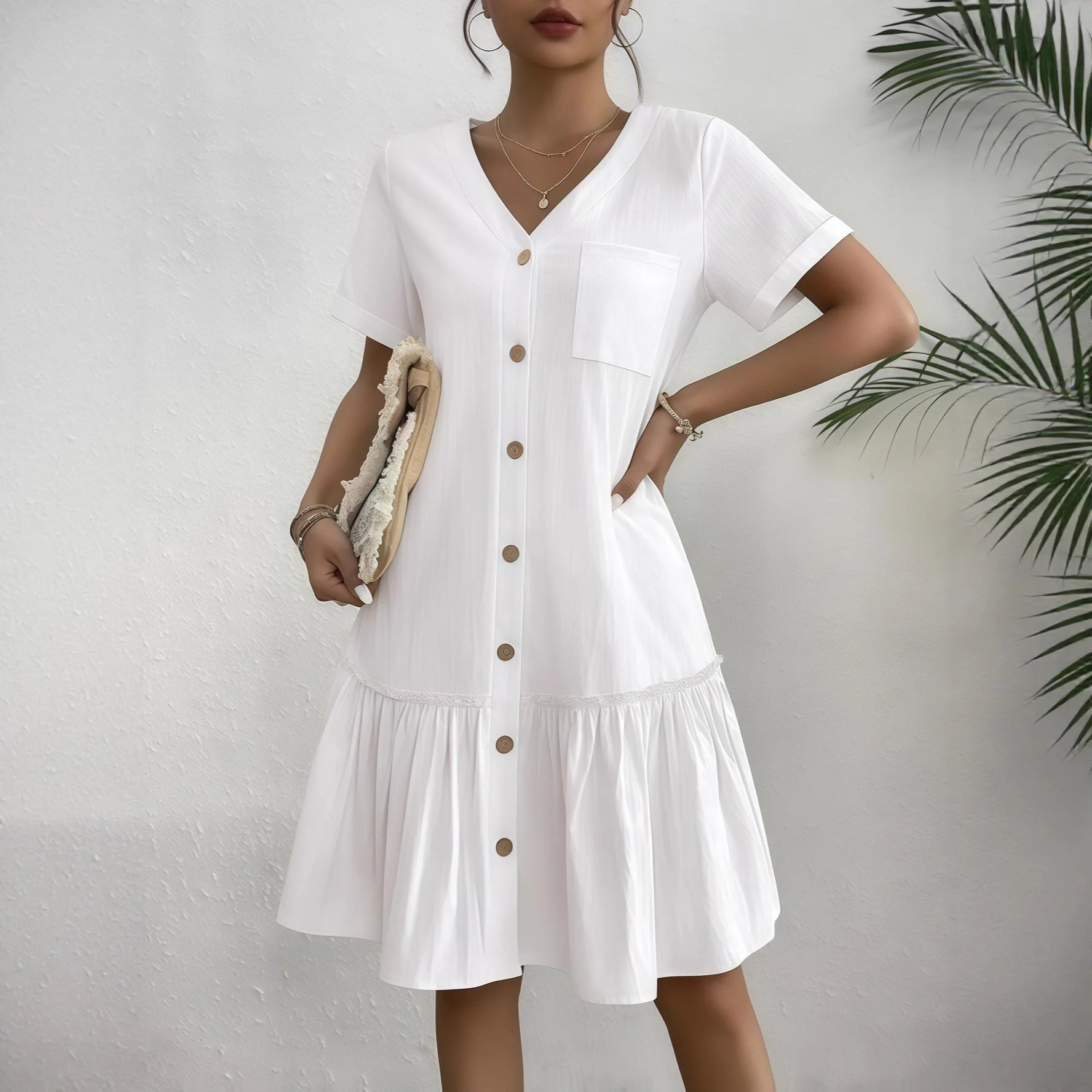 

2026 Summer Women's New Single Breasted Women's Dress Loose Pocket Dress Ruffled Hem Casual Short Sleeves