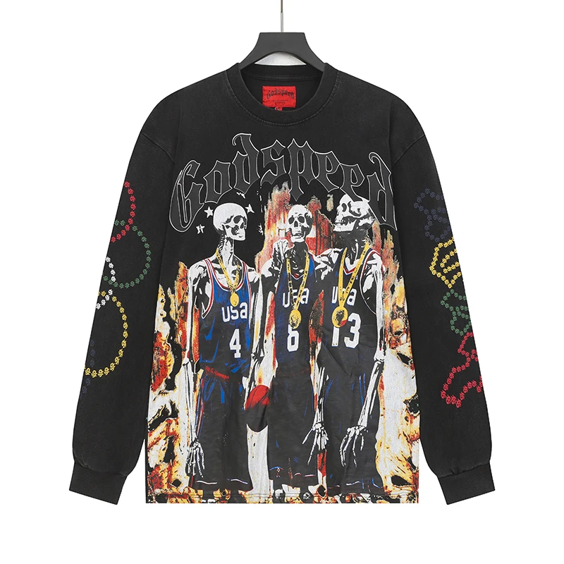 American Streetwear Godspeed Long Sleeve Graffiti Skeleton Print Casual Trend Washed 100% Cotton Round Neck T-Shirt