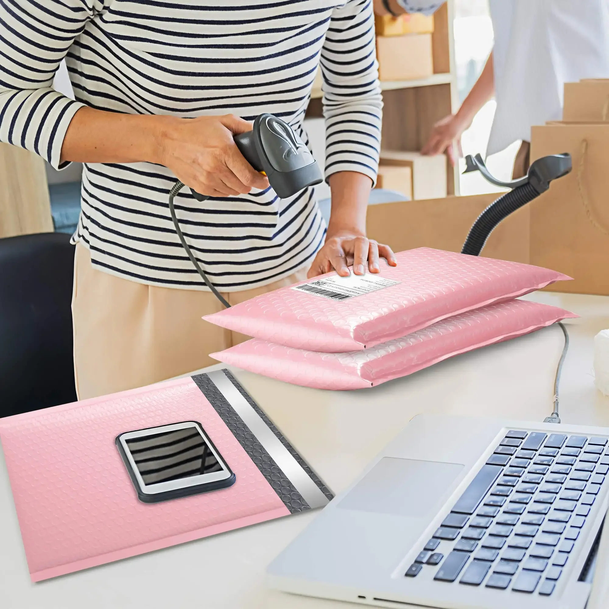 Sobres acolchados de burbujas de color rosa claro, sobres de correo autosellados, sobres de envío, embalaje para negocios, 100 piezas