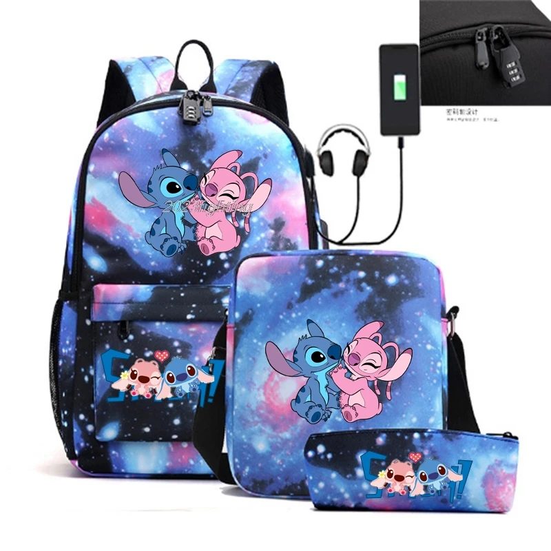 Lilo Stitch Backpack 3pcs An-ti Lock USB Capacity School Bags For Boys Girls Cartoon Travel Mochilas With Shoulder Bags