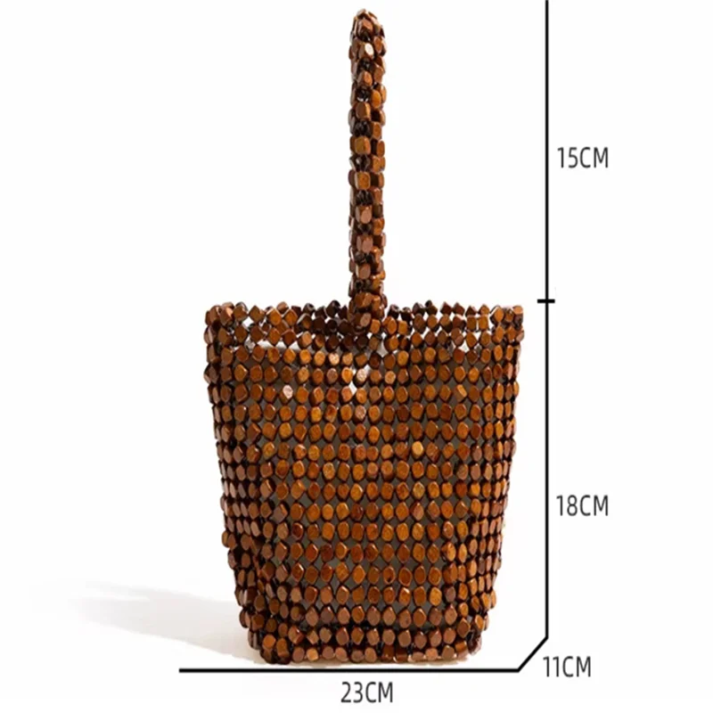 Bohemian Style Wooden Beaded Tote Bag Women Handmade Woven Wood Bead Handle Bag Summer Beach Vacation Mini Bucket Handbag