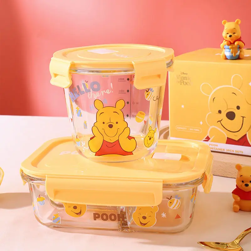 Disney Winnie the Pooh glass lunch box microwave heating office worker special bowl with lunch box storage separate lunch box