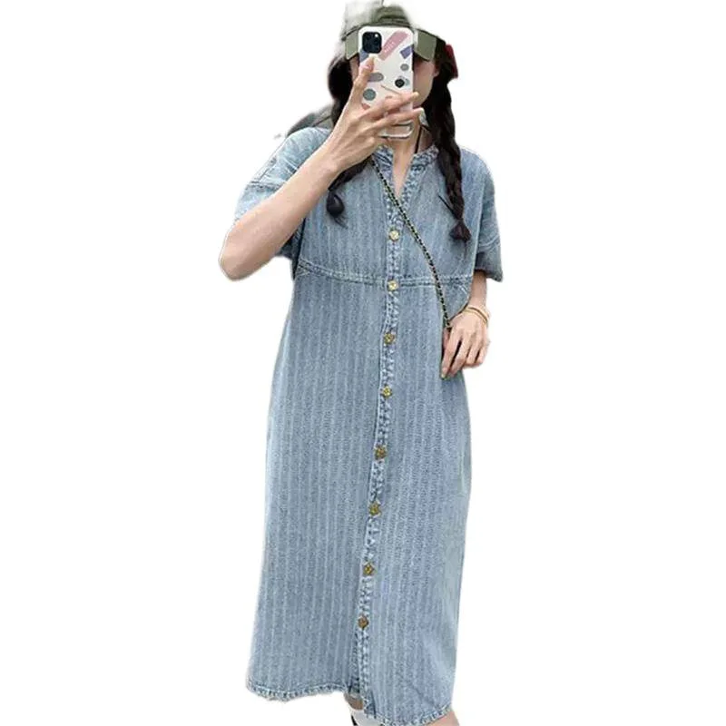 Robe en jean rayée décontractée, nouvelle robe chemise d'été 2025