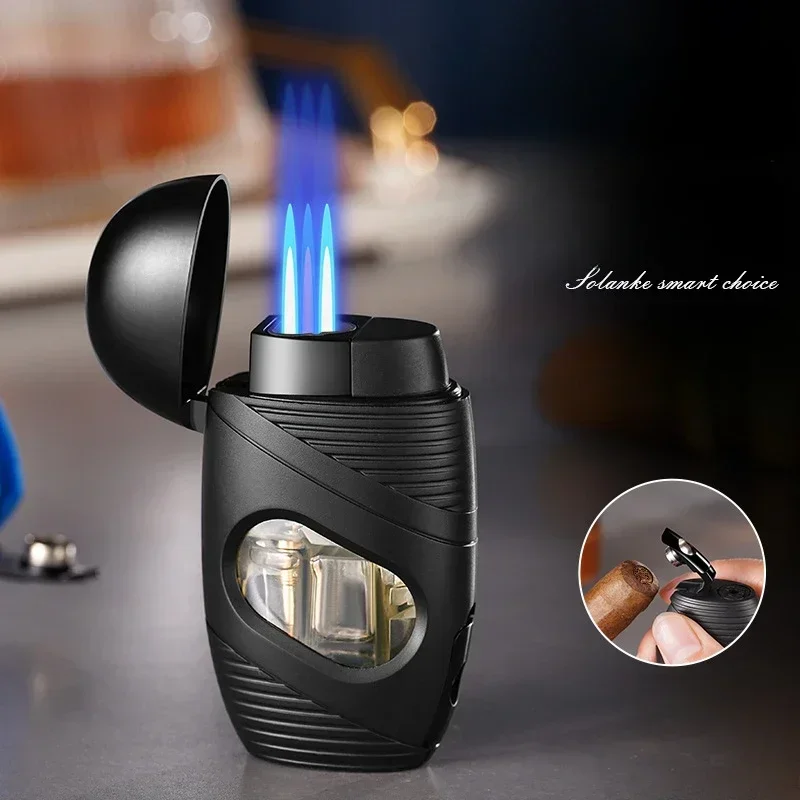 

Powerful 3-Jet 1300 ° Cigar Lighter Portable Windproof Transparent Visible Window with Cigar Knife Lighter Smoking Gift