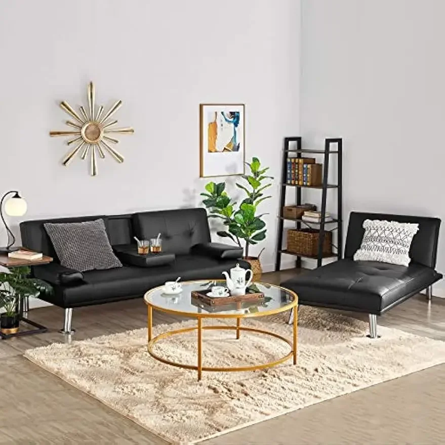 

Faux Leather Sectional Sofa Couch Sectional Living Room Furniture Set Convertible Futon Sofa Beds with Chaise Lounge Black