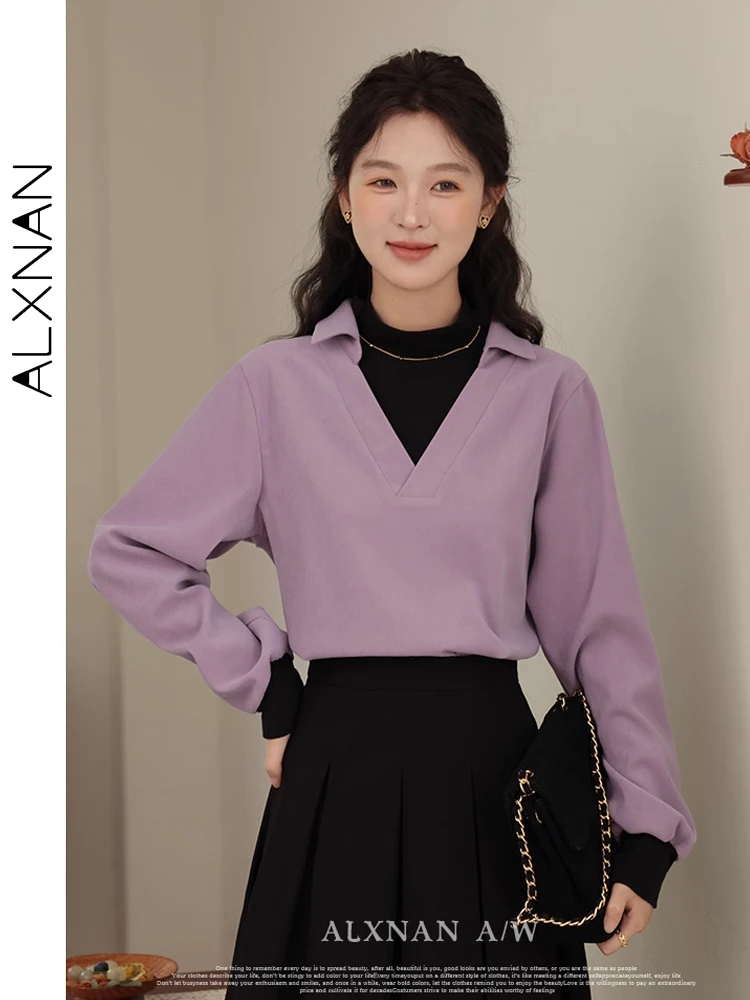 

ALXNAN Purple Patchwork Shirt Women Fake Two-piece Casual Office Lady Blouses 2026 Elegant Long Sleeve Shirt Ladies VLXN31880