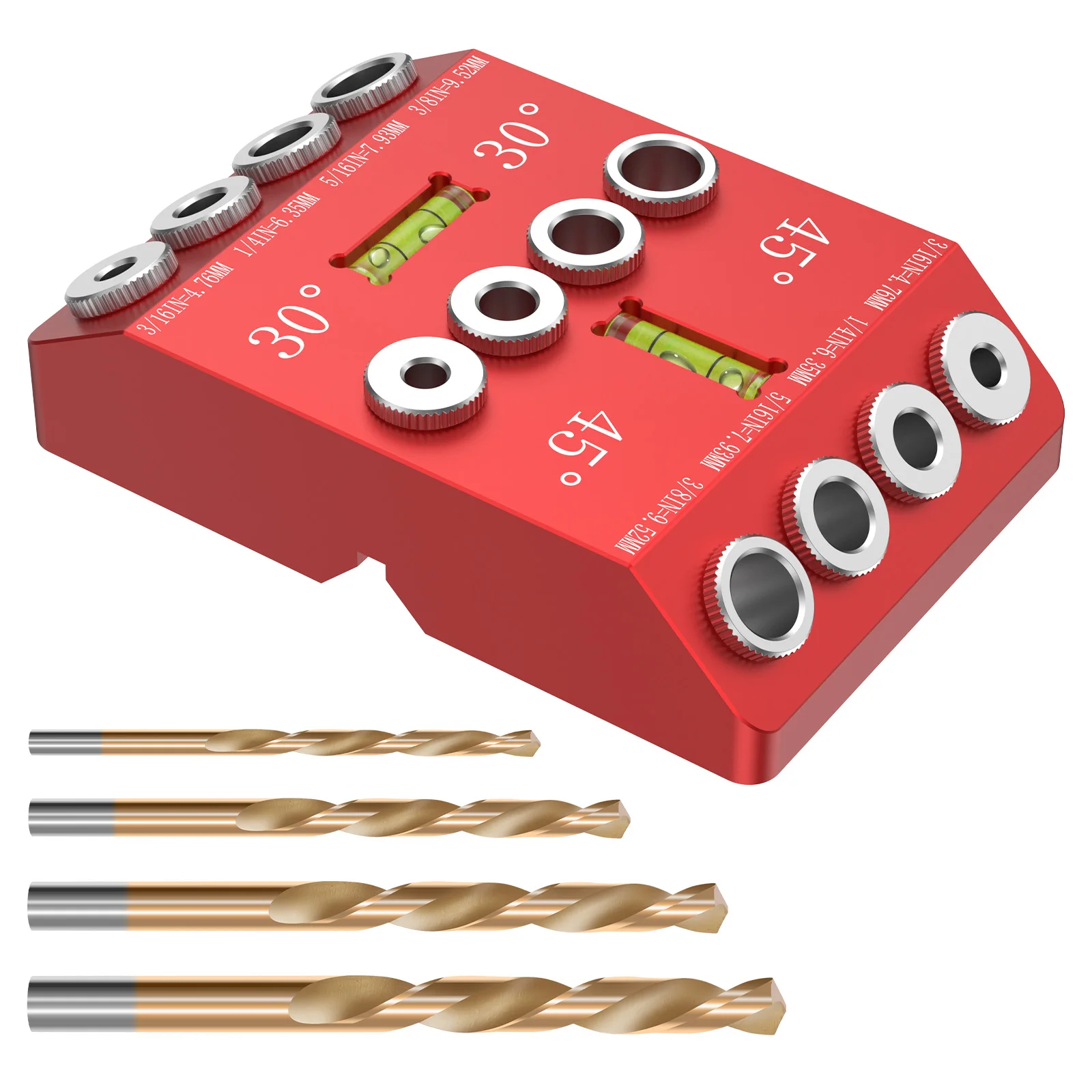 

Drilling locator aluminum alloy multi angle drill guide tool for woodworking vertical drilling guide with 4 drill bits