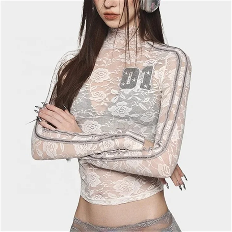 

Lace O-neck Mesh Sheer Long Sleeve Crop Top Bow Back Bandage Knitted Mini Skirts 2024 Evening Party Women 2 Piece Sets