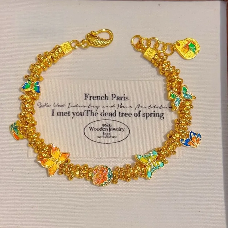 Gold Plated Enamel Coiled Bracelet with Lotus and Butterfly for Women New Chinese Style Continuous Fortune Floral Romance Gift