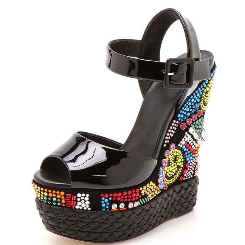 Girl's Colorful Rhinestone Platform Wedge Sandals Rope Braided Ankle Strap Peep Toe Multi Crystal Weged Heel Slipper Shoes