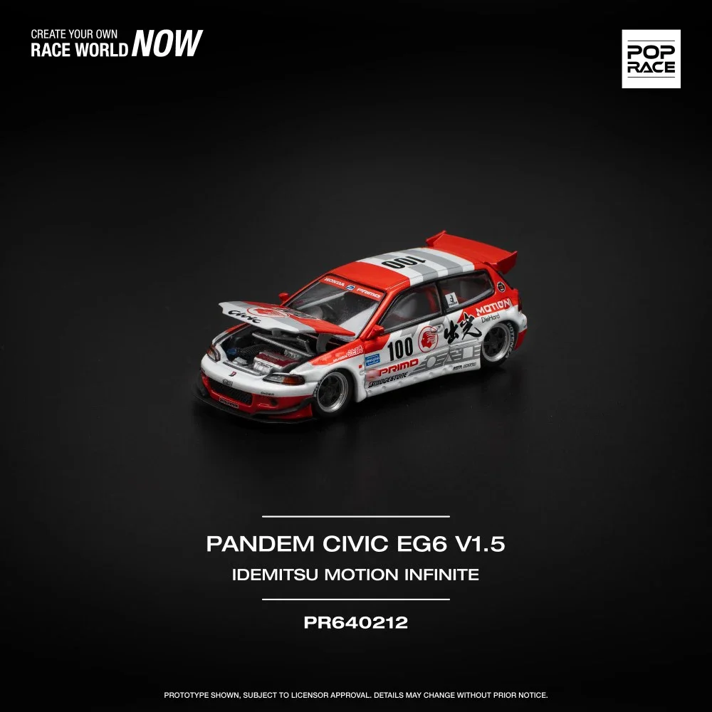 Presale 1:64 Pop Race Pandem Civic EG6เคลื่อนที่แบบเปิดประทุน100โมเดลรถยนต์ diorama Diecast