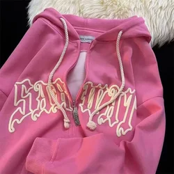 Goth Letter Printed Hoodie Women Harajuku Retro Long Sleeve Zip Up Sweatshirt Female Hip Hop Loose Hooded Clothes Y2K Streetwear