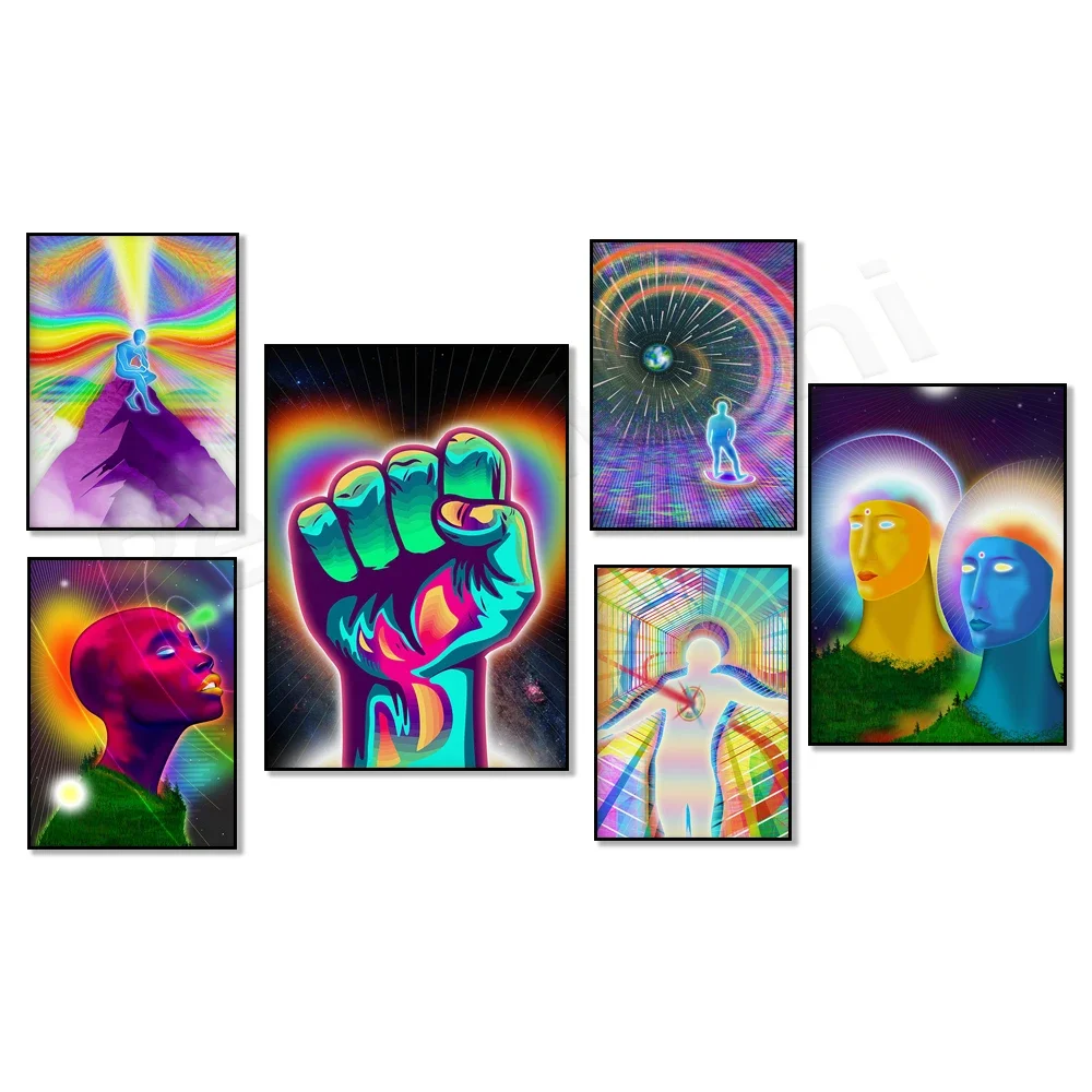 Psychédélique, féminin divin, art psycho, cosmique, science-fiction, art bizarre, mindfulness, zen, hippie spirituel, surréaliste, affiche des années 90