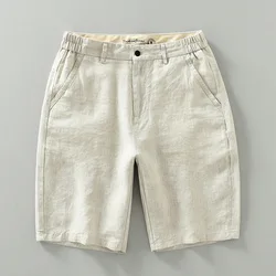 Summer New Solid Shorts for Men Pure Linen Lightweight Beach Straight Loose Casual Button Up Short Pants