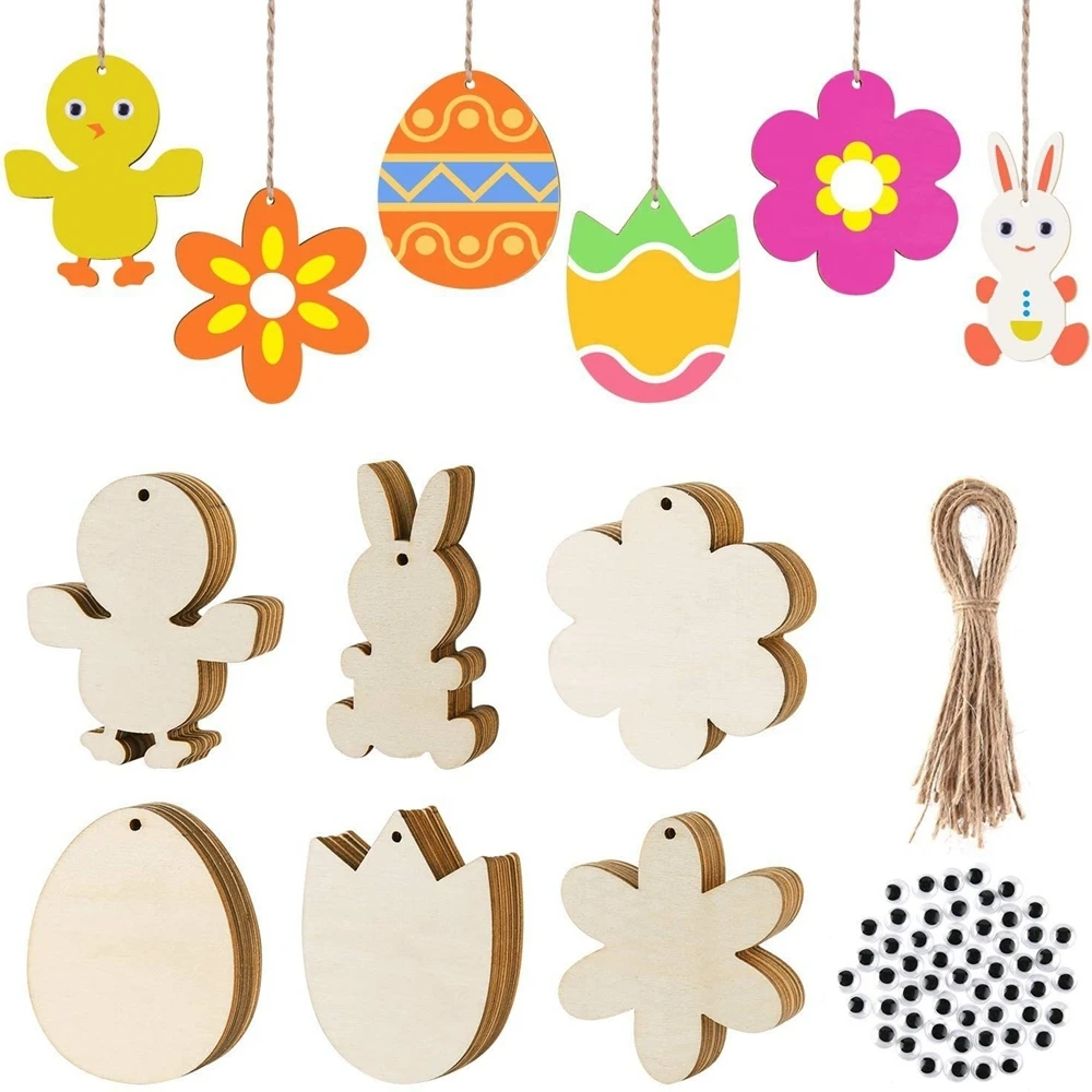 1set Wooden Rabbit Egg Pendants Wood Flower Hanging Ornament For Happy Easter Home Party Decoration DIY Painting Gifts Supply