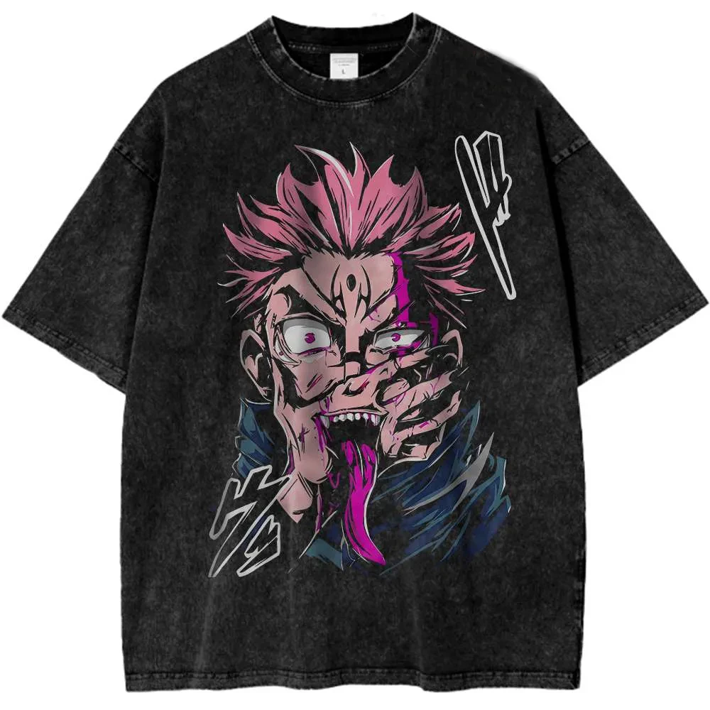 أنيمي Jujutsu Kaisen Harajuku Ryomen Sukuna خمر غسلها تي شيرت القطن الرجال الشارع الشهير المتضخم النساء قصيرة الأكمام للجنسين Y2k