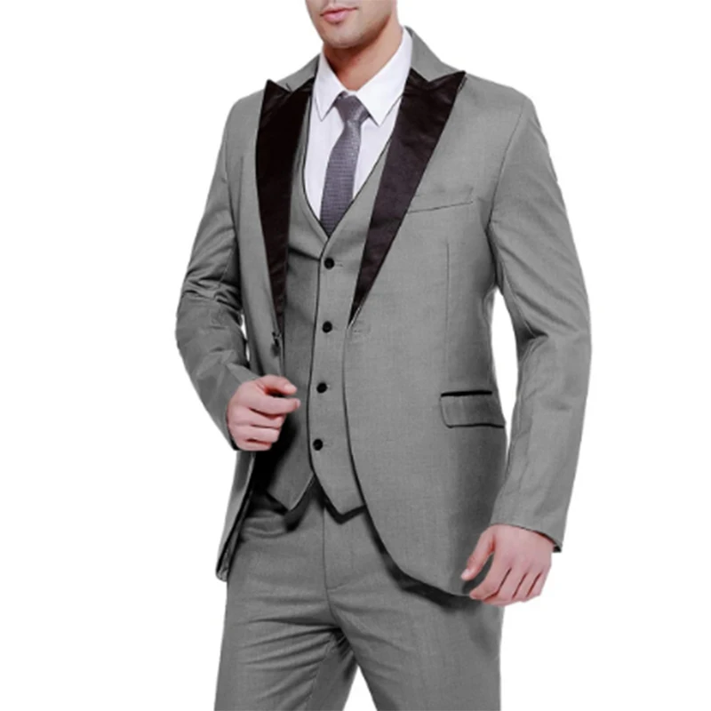 

Grey Men Suits Casual Formal Slim Fit Business Groomsmen Tuxedo Black Peak Lapel Male Suit for Wedding 3 Piece Blazer+Pants+Vest