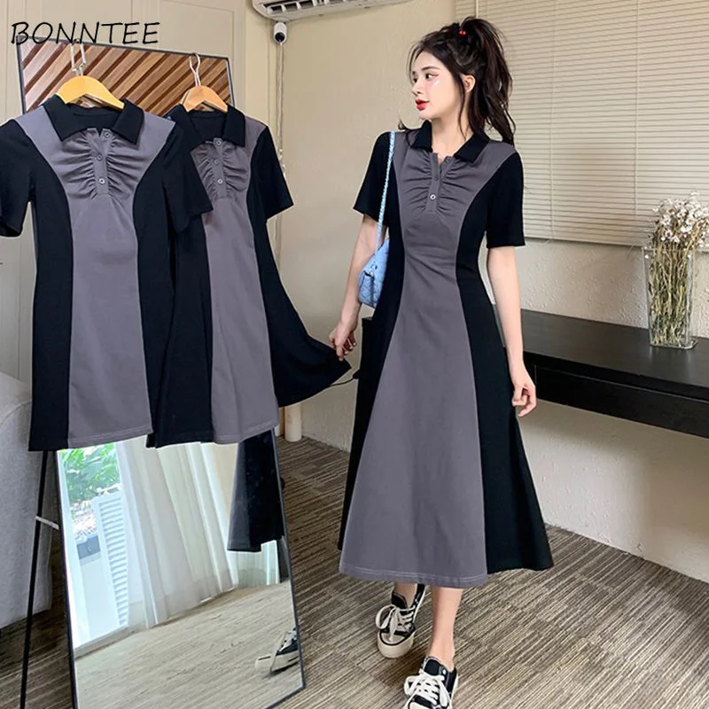 

Midi Dresses Women A-line Elegant Vintage Light Soft Summer Popular New Arrival 2 Styles Patchwork Design Lady Tunic Vestidos