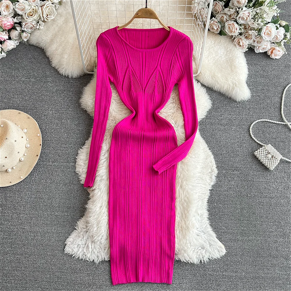 Langarm Strickkleider für Frauen Party Robe weibliche Herbst Retro O-Ausschnitt Bodycon Pullover Kleid koreanische schlanke Stretch Vestido