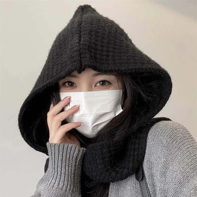 Autumn and Winter Dual-use Hooded Shawl Hat Warm Scarf Integrated Hats Two-piece Set Cold-proof Woolen Knitted Caps