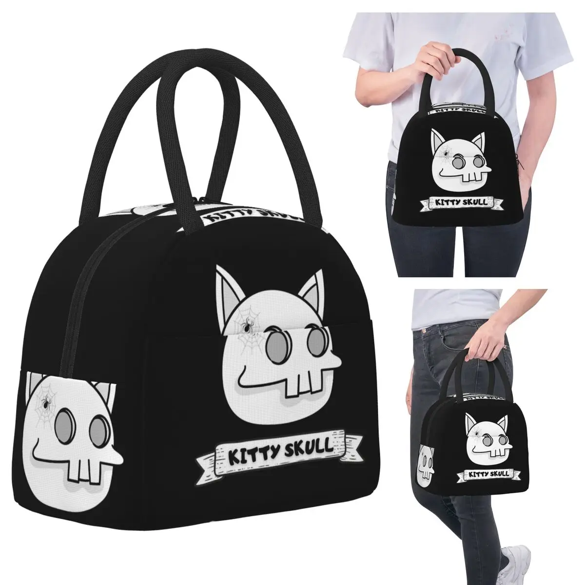 كيتي الجمجمة L مضحك هالوين الهيكل العظمي القط معزول حقيبة الغداء للنساء الأطفال مانعة للتسرب صناديق الطعام علب الاغذية الحرارية حمل #6