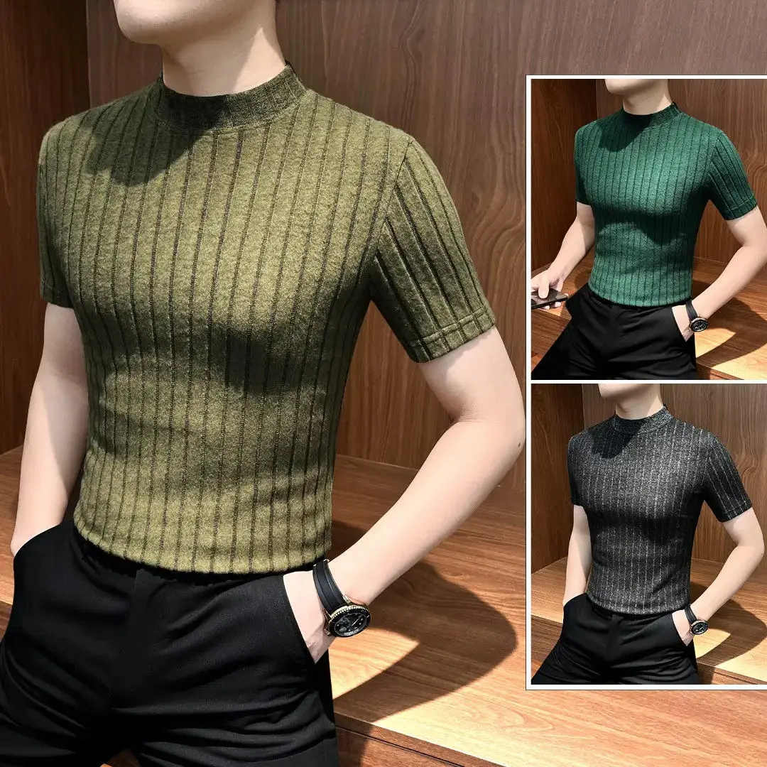 

Мужская теплая зимняя базовая футболка с высоким воротником, на подкладке, повседневная, в полоску, для делового стиля