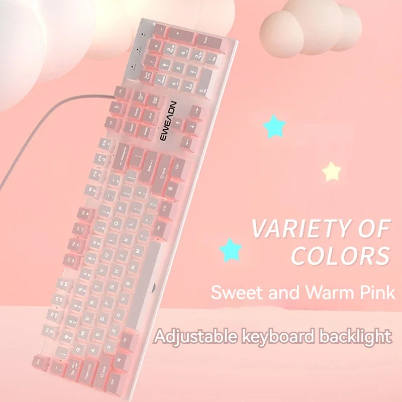 

EWEADN GX320Z Wired Keyboard Pink Silent USB Wired Gaming Keyboard White Backlight Ergonomic for Office and Gamer Laptop/PC Gift
