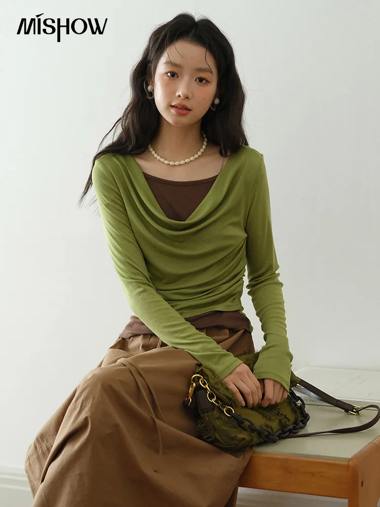 MISHOW Multi Colored Fake Two-piece Knitted Sweater 2025 Autumn Swinging Collar Casual Tops Contrasting Waist Top MXE42Z1341