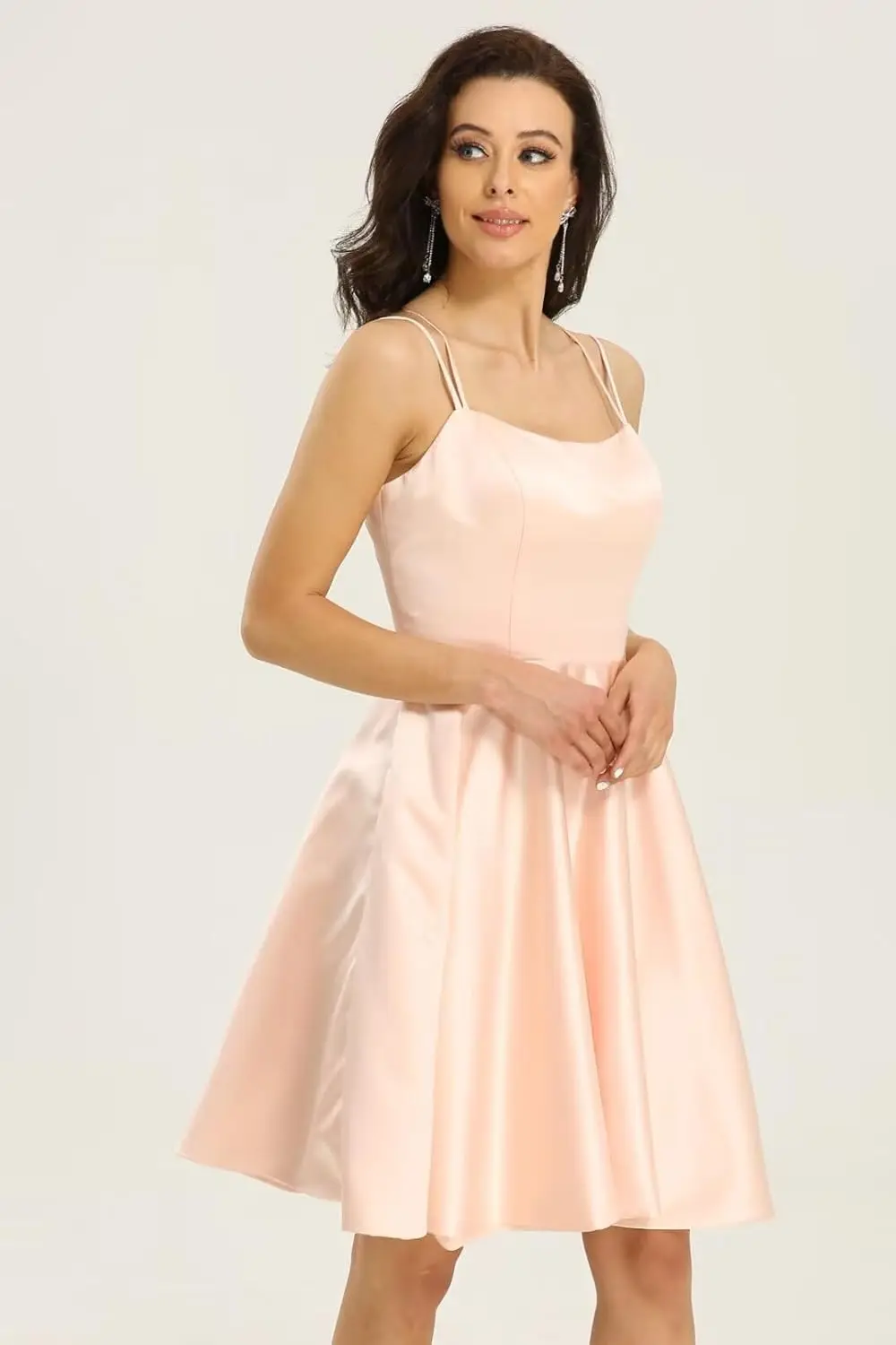 Teenager-Kleid für den Schulanfang, knielang, dünner Schultergurt und Tasche, rückenfreies Ballkleid aus Satin, formelles Abendkleid, kurz