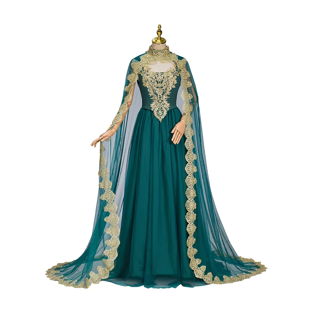 

Princess Elf Queen Green Dress Women Vintage Evening Prom Dress with Cape Halloween Party Role Play Ball Gown