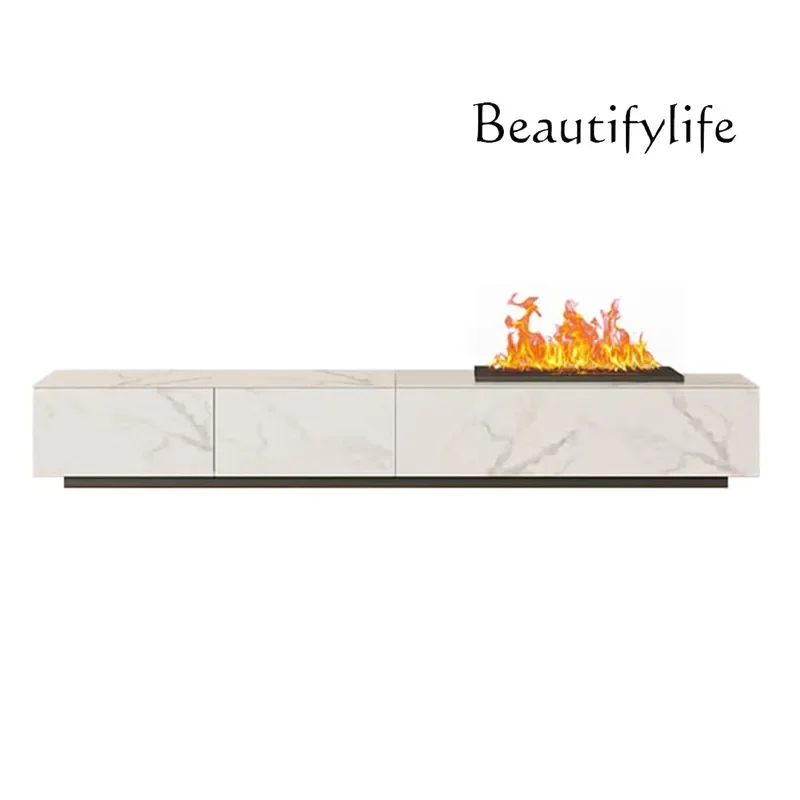 minimalist three-color flame fireplace rock slab TV cabinet villa integrated solid wood floor cabinet