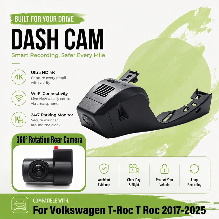 For Volkswagen T-Roc T Roc 2017-2025 Front and Rear Dash Cam for Car Camera Recorder Dashcam WIFI Car Dvr Recording Devices