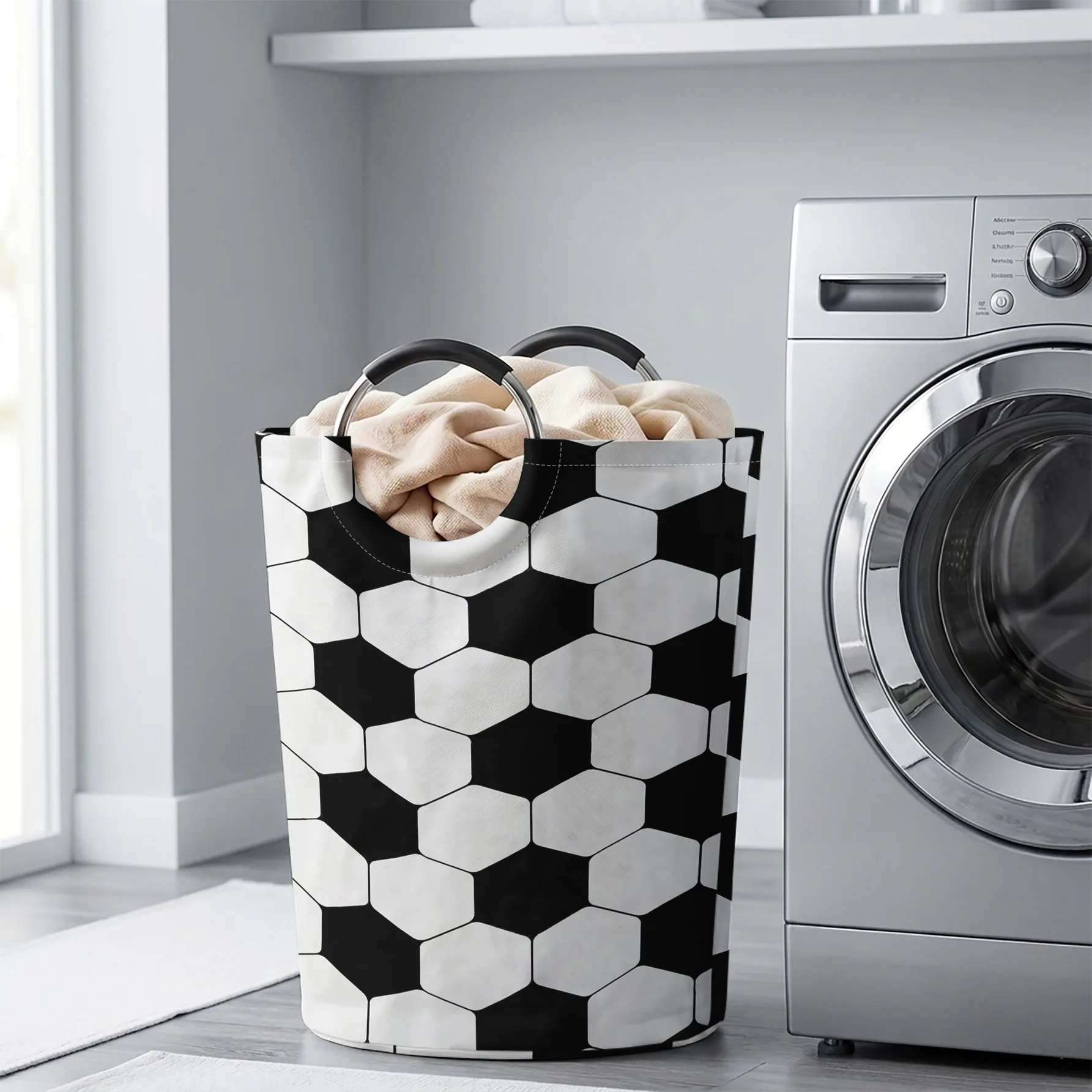 Black White Hexagon Geometric All Over Print Handheld Storage Basket, For Laundry, Bedroom & Home Sundries Storage