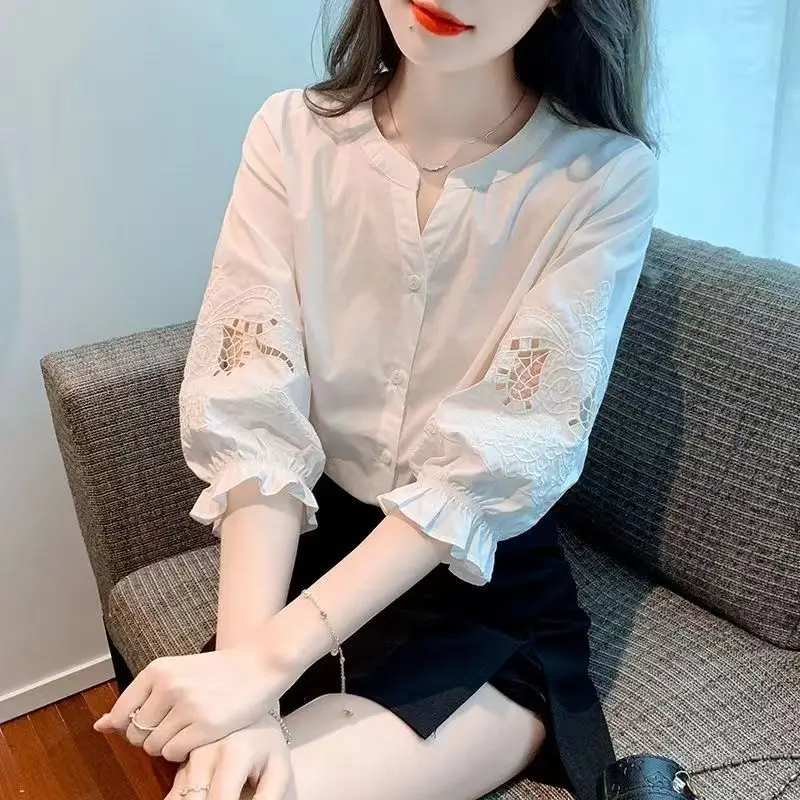 Spring and Summer New Short Sleeved Chiffon Shirt Women\'s 2024 New Bubble Sleeve Mid Sleeved Top Unique Shirt