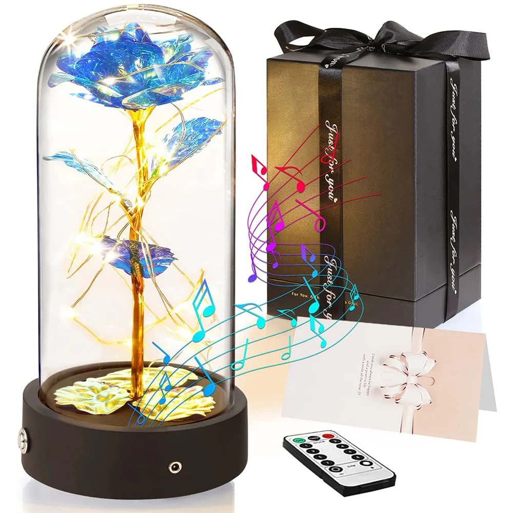 Music Rotated Beauty and The Beast Rose Glass Dome Valentine's Day Gift Room Decoration Forever Rose with LED Lights Rose Flower